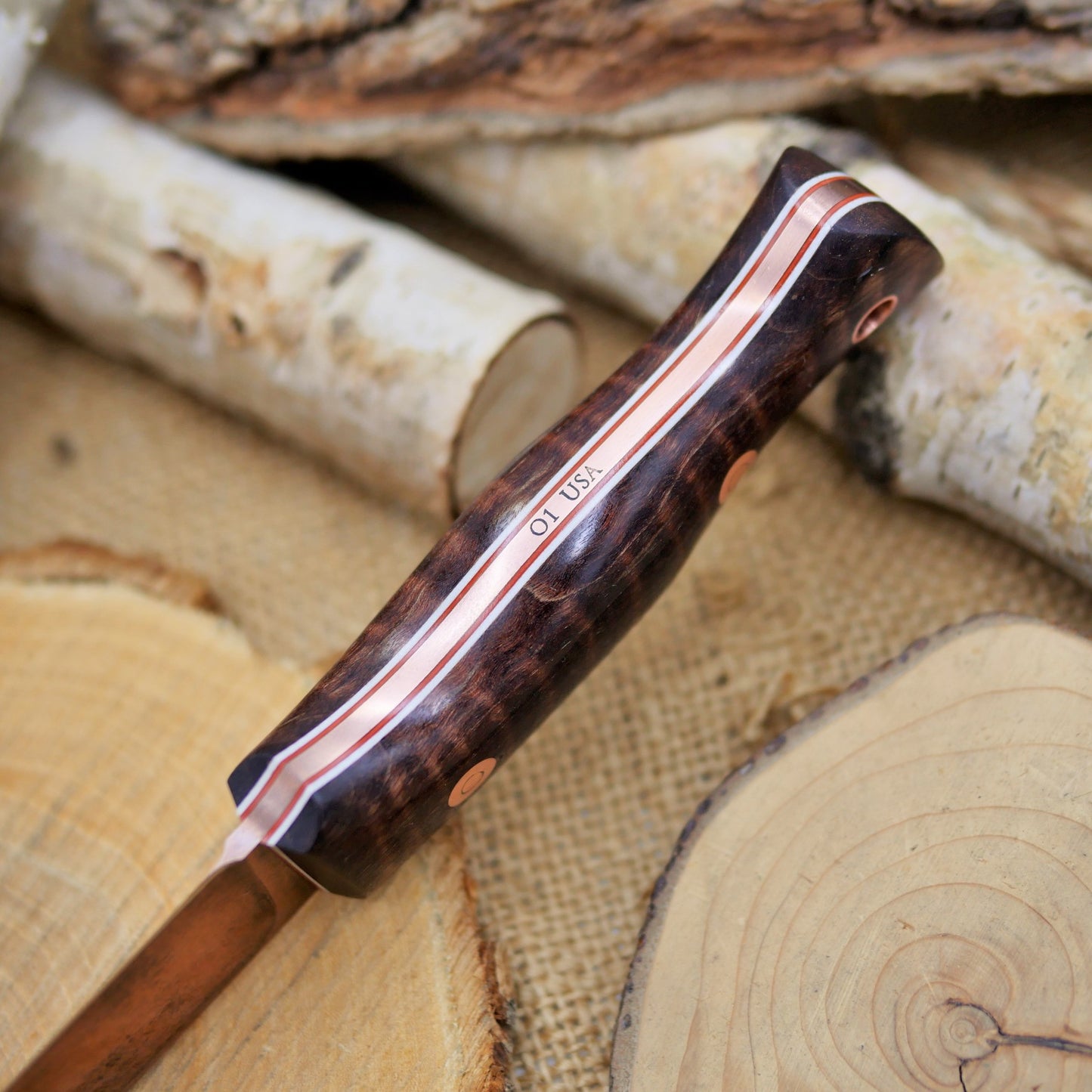 Huntsman: Copper Finish O1, Dark Brown Curly Maple, Cinnamon & White Liners