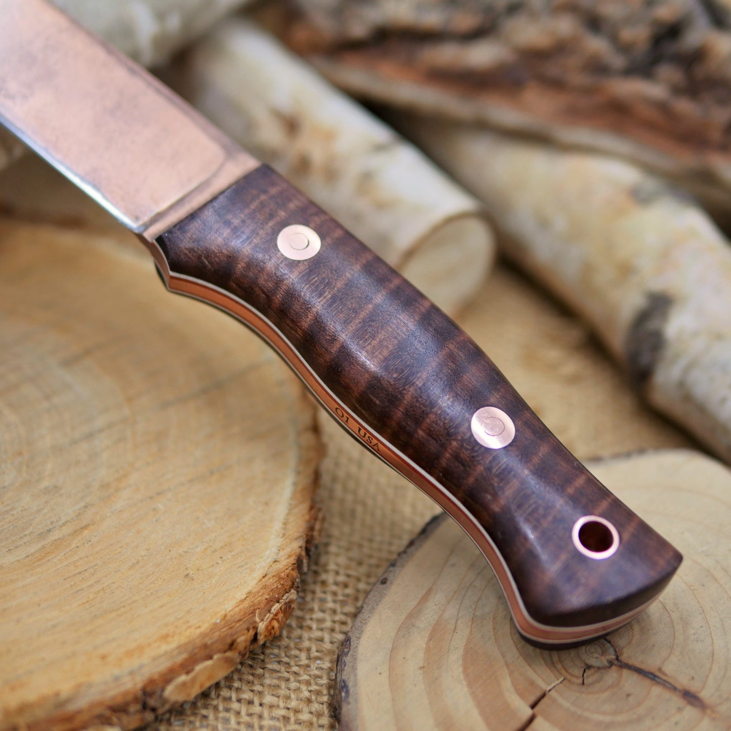 Huntsman: Copper Finish O1, Dark Brown Curly Maple, Cinnamon & White Liners