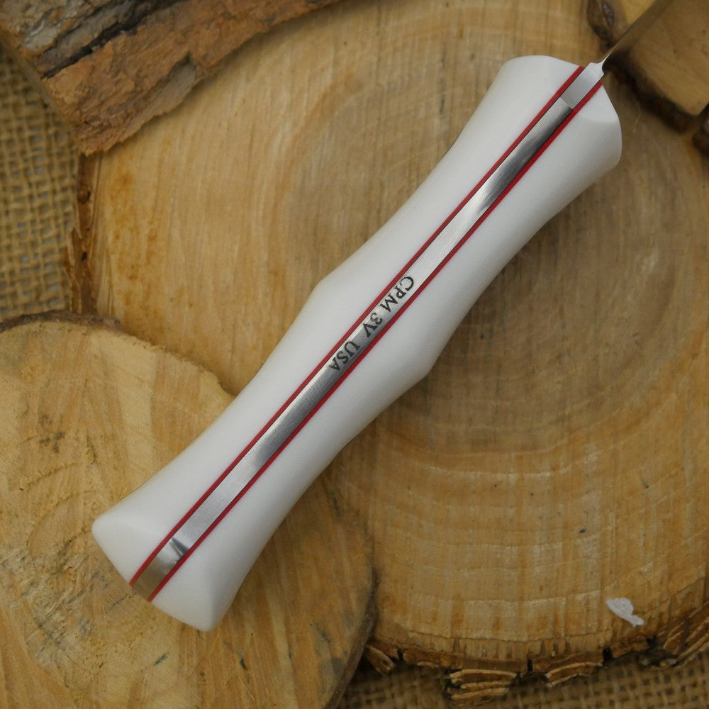 CPM 3V Huntsman: Glacier White Corian & Red - Adventure Sworn Bushcraft Co.