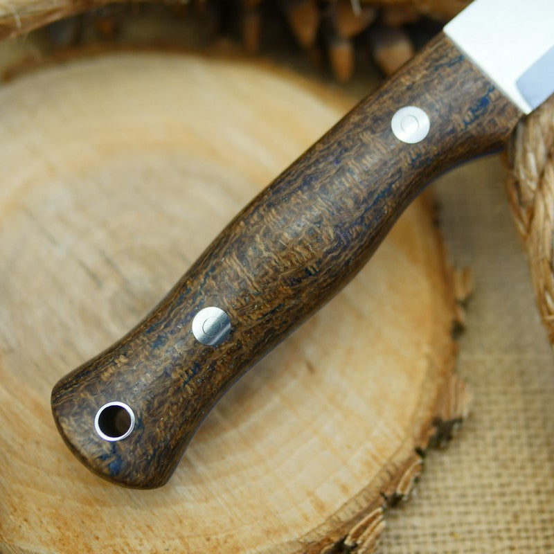 An Adventure Sworn Mountaineer with coffee bag burlap handle scales and thin blue liners
