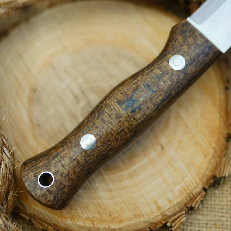 An Adventure Sworn Mountaineer with coffee bag burlap handle scales and thin blue liners