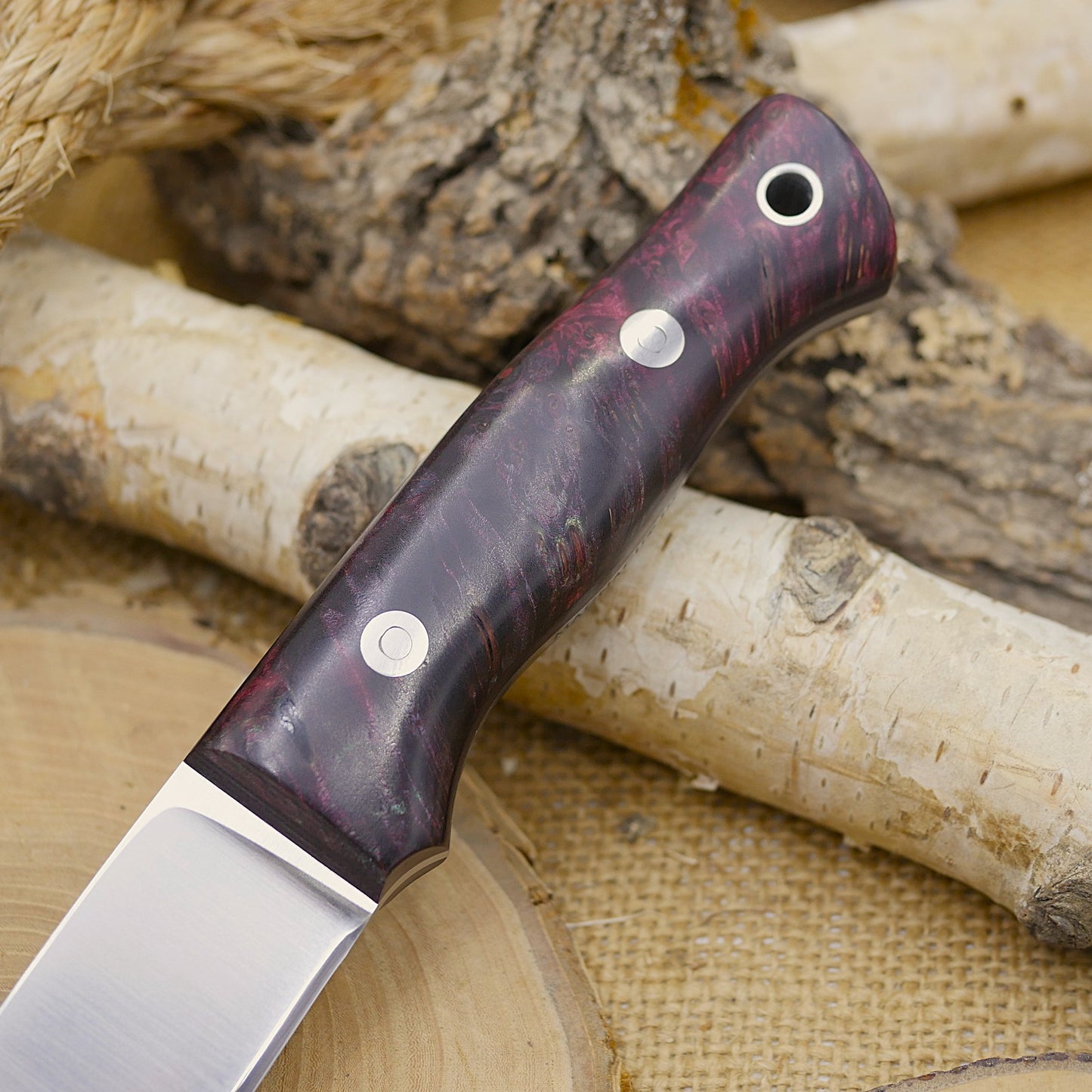 Huntsman: Burgundy Maple Burl, Burgundy Canvas Micarta Liners