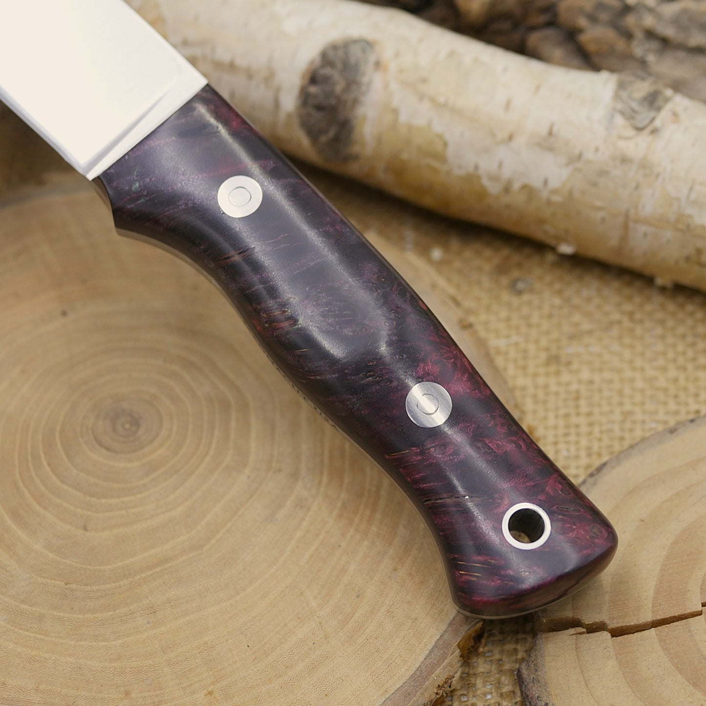 Huntsman: Burgundy Maple Burl, Burgundy Canvas Micarta Liners