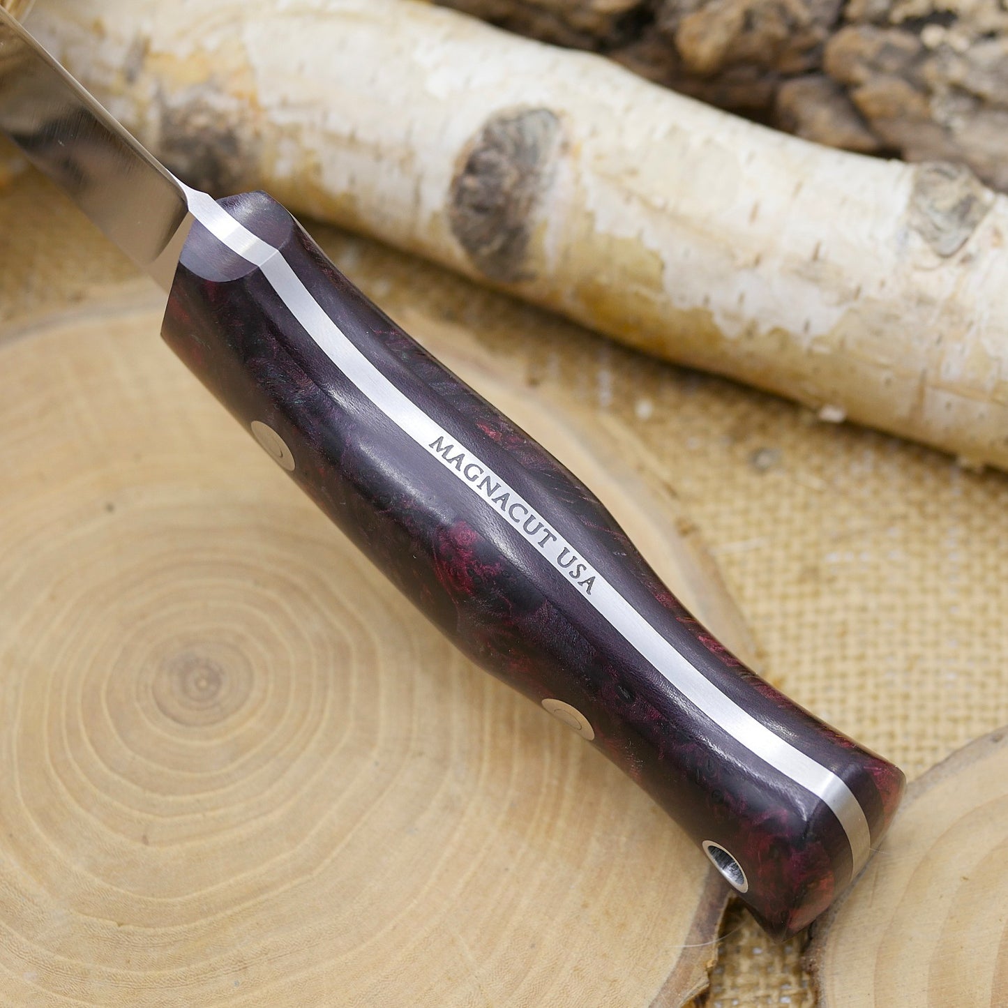 Huntsman: Burgundy Maple Burl, Burgundy Canvas Micarta Liners