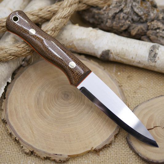 Mountaineer: Dark Brown Burlap Micarta, Orange G10 Liners