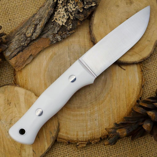 CPM 3V Huntsman: Glacier White Corian & Red - Adventure Sworn Bushcraft Co.