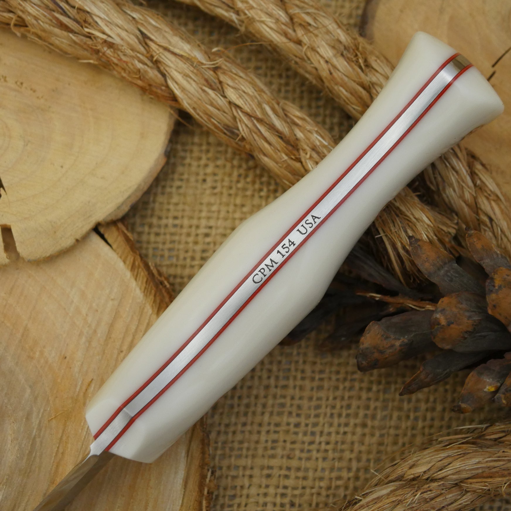 CPM 154 Mountaineer: Bone Corian, Cinnamon Liners & Mosaic Pins - Adventure Sworn Bushcraft Co.