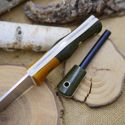 Tradesman, Sheath & Firesteel: 3V steel, burlap & canvas micarta bolster