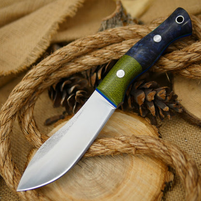 Guide: CPM 3V, Blue Box Elder Burl & Emerald Green Bolster - Adventure Sworn Bushcraft Co.
