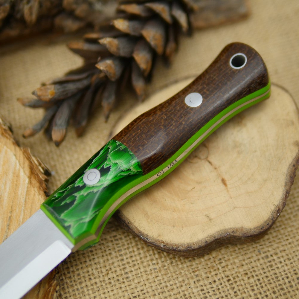 Mountaineer: Dark Brown Burlap Micarta & Green Raffir Stripes