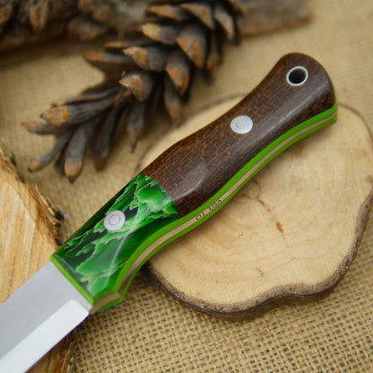 Mountaineer: Dark Brown Burlap Micarta & Green Raffir Stripes