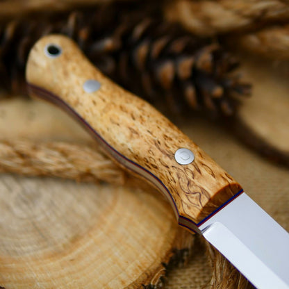 An Adventure Sworn Mountaineer bushcraft knife with karelian birch handle scales and thin blue and red liners.