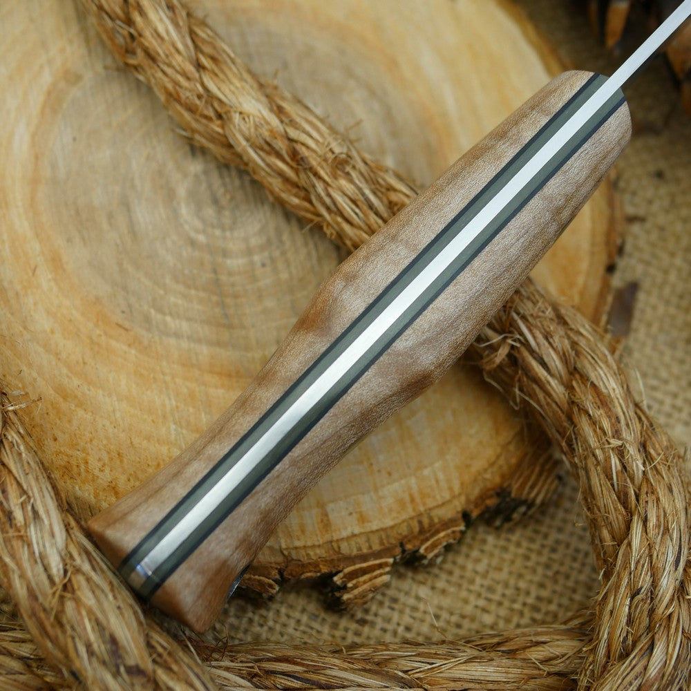A Voyageur bushcraft knife with curly maple handle scales and double liners