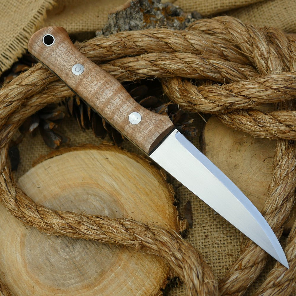 A Voyageur bushcraft knife with curly maple handle scales and double liners
