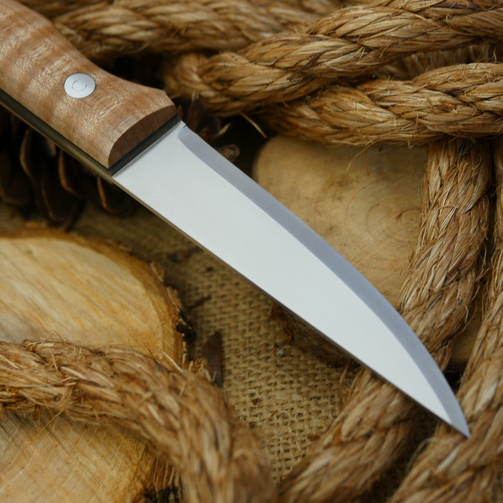 A Voyageur bushcraft knife with curly maple handle scales and double liners