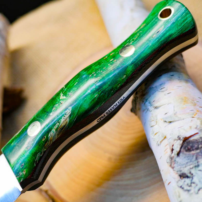 Explorer: CPM S35VN, Green Box Elder Burl & Double Liners