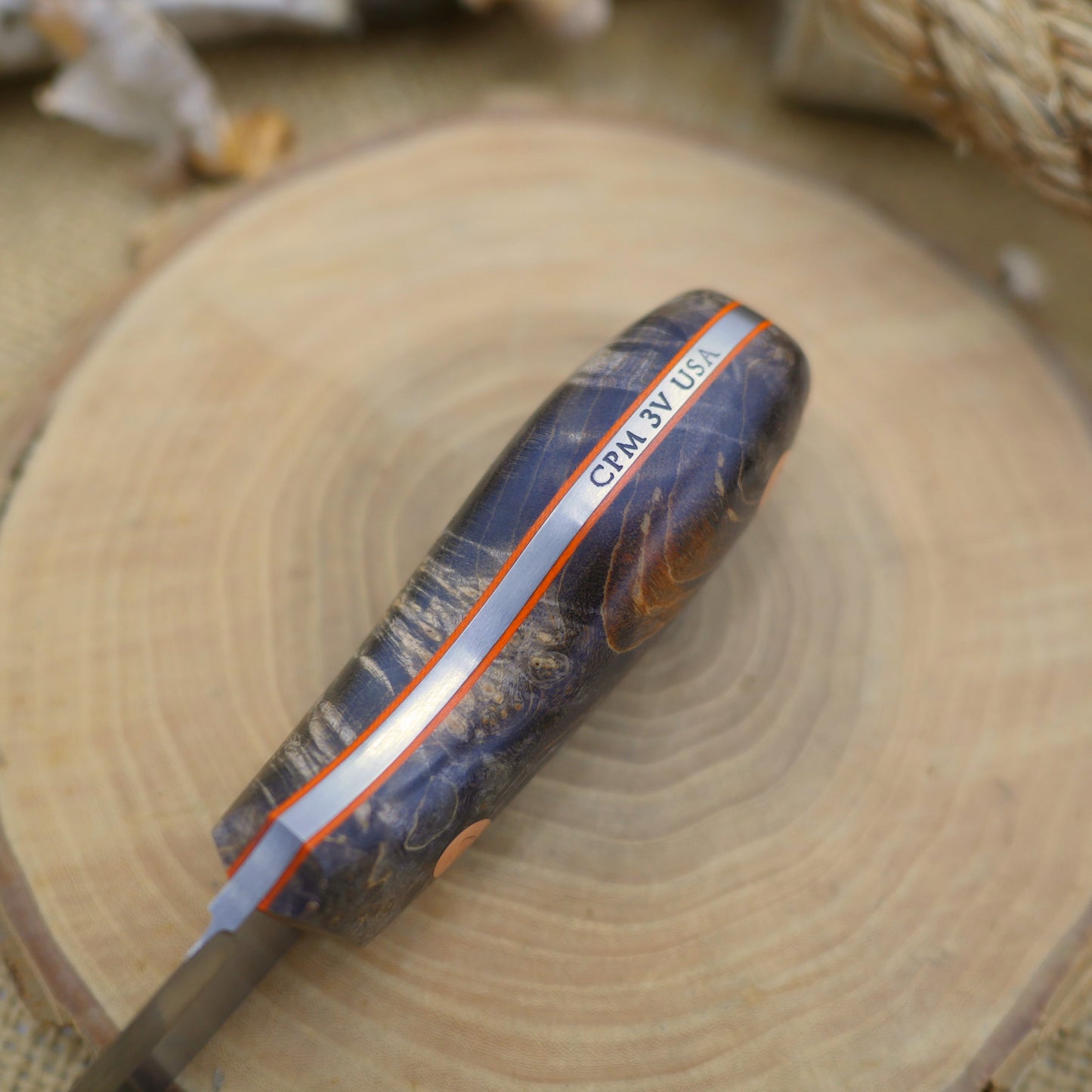 Walker: 3V, Stabilized Box Elder Burl, Orange G10 Liners