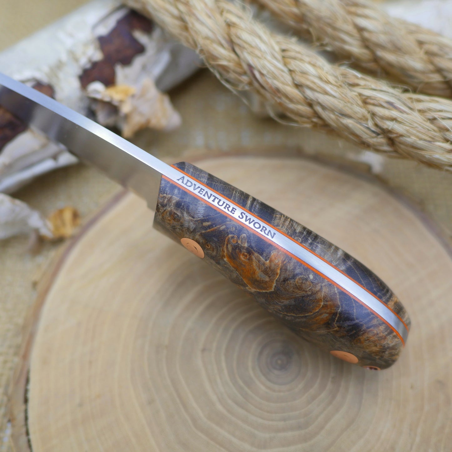 Walker: 3V, Stabilized Box Elder Burl, Orange G10 Liners
