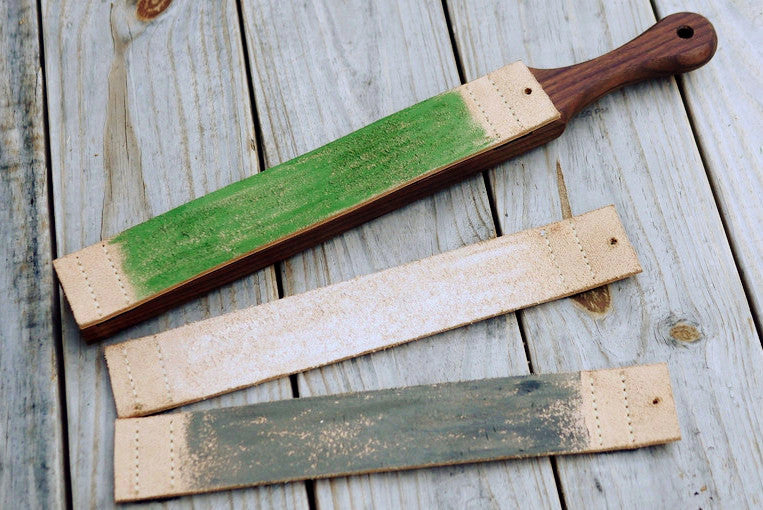 Our strops have removable pads for a variety of compounds; black (450 grit), white (1200g), green (1800g)